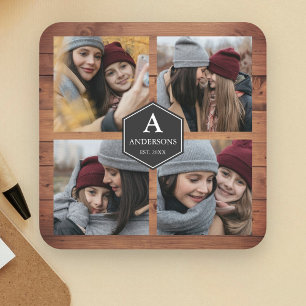 Porta-copo De Papel Quadrado Colagem de Fotos da Família Rustic Barn Wood 4 Pi