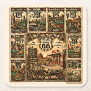 Porta-copo De Papel Quadrado Colagem de selo de viagem vintage da rota 66