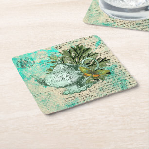 Porta-copo De Papel Quadrado Colagem Vintage Teapot & Ephemera