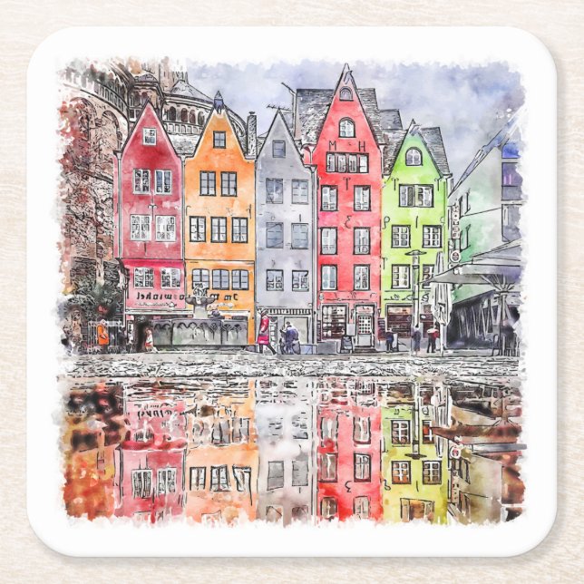 Porta-copo De Papel Quadrado Colônia Alemanha Desenhar Um Esquema De Aquarela (Frente)