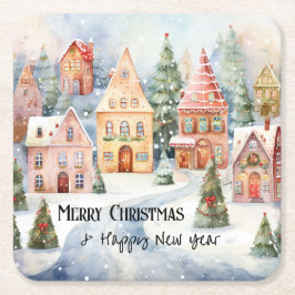 Porta-copo De Papel Quadrado Colorful Charming Watercolor Town Christmas