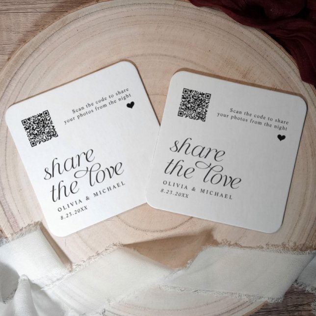 Porta-copo De Papel Quadrado Compartilhamento de Fotos por Código QR Casamento  (Personalized wedding coasters with QR codes for guests to upload photos.)