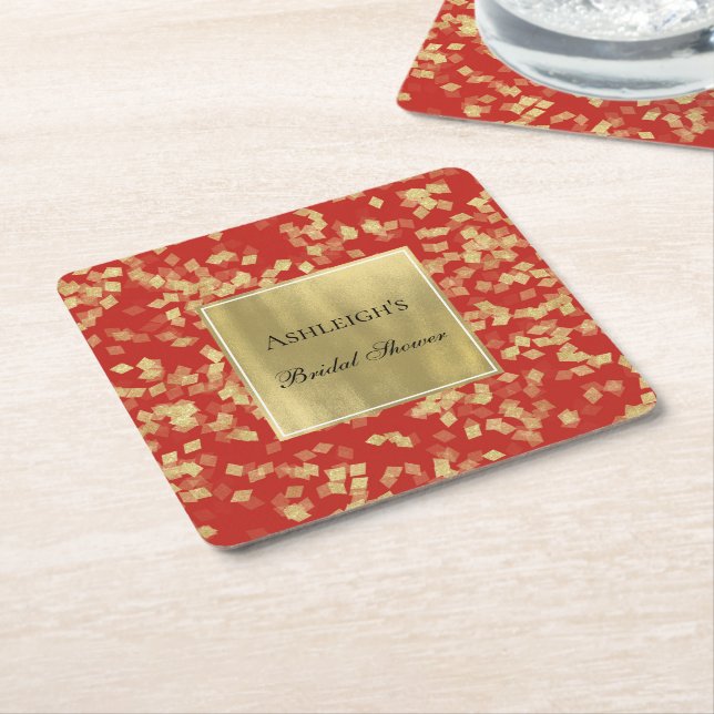 Porta-copo De Papel Quadrado Confete Luxo Dourado Vermelho  (Inclinado)