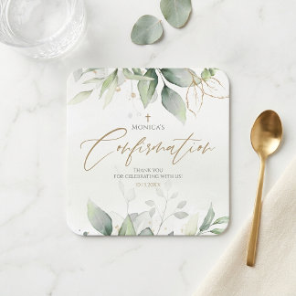 Porta-copo De Papel Quadrado Confirmação Aquarela Verde Dourado