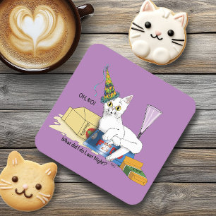 Porta-copo De Papel Quadrado Consequências Engraçadas de Ano Novo Gato Branco