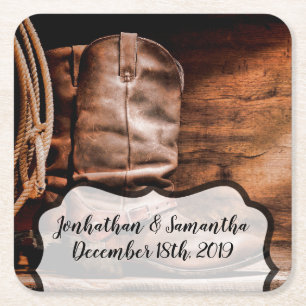 Porta-copo De Papel Quadrado Contagem Russa de Madeira Barn Barn Boots Cowboy B