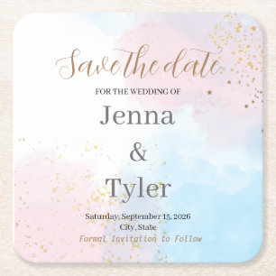Porta-copo De Papel Quadrado Convite Antecipado de Casamento em Aquarela Rosa e