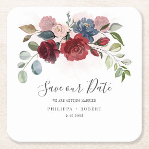 Porta-copo De Papel Quadrado Convite de casamento burgundy em letra florida par