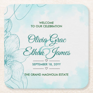 Porta-copo De Papel Quadrado Convite de Casamento Floral em Aquarela Azul Elega