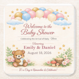 Porta-copo De Papel Quadrado Convite de Chá de Bebê   Urso Teddy   Pas Woodland