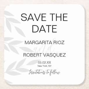 Porta-copo De Papel Quadrado Convites de Save the Date Cinza Branco Ramo Modern