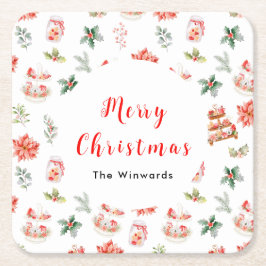 Porta-copo De Papel Quadrado Cookies de Natal e Folhagem Vermelha