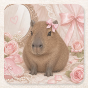 Porta-copo De Papel Quadrado coquete capivara descanso com laço rosa