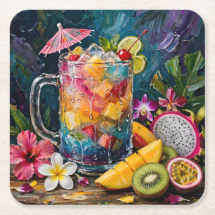 Porta-copo De Papel Quadrado Coquetel Arco-Íris Tropical Frutas Exóticas