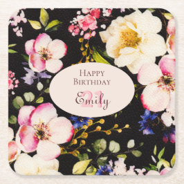 Porta-copo De Papel Quadrado Cor da Água Rosa e Rosas Amarelas em Preto, Aniver