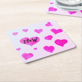 Porta-copo De Papel Quadrado Cor d'água rosa corações Nomes personalizados de C