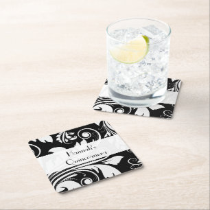 Porta-copo De Papel Quadrado Cor damasco, Preto e Branco, Quinceanera