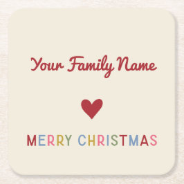 Porta-copo De Papel Quadrado Coração de Tipografia de Natal Familiar Personaliz