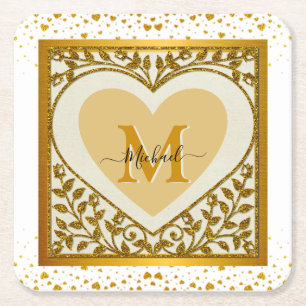 Porta-copo De Papel Quadrado Coração Elegante com Brilho Dourado Inicial & Nome