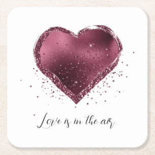 Porta-copo De Papel Quadrado Corações de Brilho Glitter de Cereja Borgonha Amor