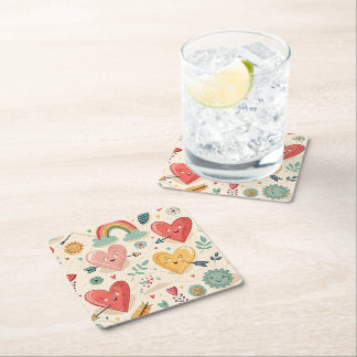 Porta-copo De Papel Quadrado Corações Felizes - Padrão de Dia de os namorados W