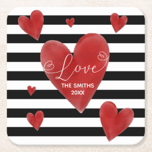 Porta-copo De Papel Quadrado Corações & listras vermelhos da aguarela