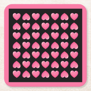 Porta-copo De Papel Quadrado Corações Rosa em Preto