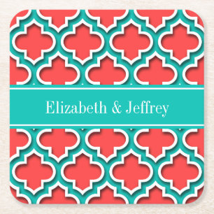Porta-copo De Papel Quadrado Coral Red, Teal Marroquino #5DS Teal Name Monogram