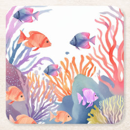 Porta-copo De Papel Quadrado Coral Reef | Watercolor Colorful Fish Ocean