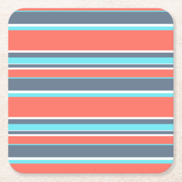 Porta-copo De Papel Quadrado Coral vivo, listras azuis e cinzas