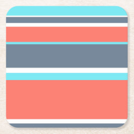 Porta-copo De Papel Quadrado Coral vivo, listras azuis e cinzas