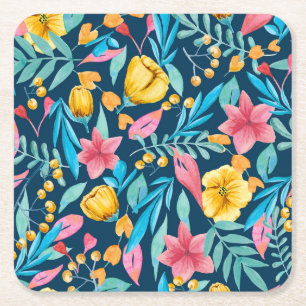 Porta-copo De Papel Quadrado Cores de água botânica: flores, folhas, ornamento.
