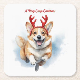 Porta-copo De Papel Quadrado Corgi de Natal com galhadas de Reindeer saltando