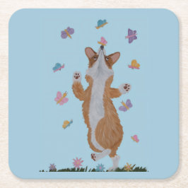 Porta-copo De Papel Quadrado Corgi Galês Dançando com Borboletas