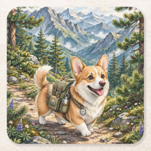 Porta-copo De Papel Quadrado Corgi Hiking em Montanhas Aquarela