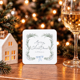 Porta-copo De Papel Quadrado Coroa de Natal Botânica com Laço Azul