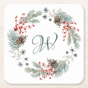 Porta-copo De Papel Quadrado Coroa de Natal Pinheiro Frutas Neve Monograma