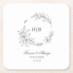 Porta-copo De Papel Quadrado Coroa Floral Clássica com Monograma de Casamento