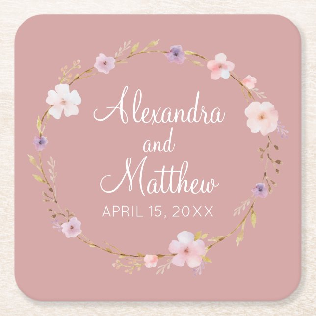 Porta-copo De Papel Quadrado Coroa Floral de Casamento (Frente)