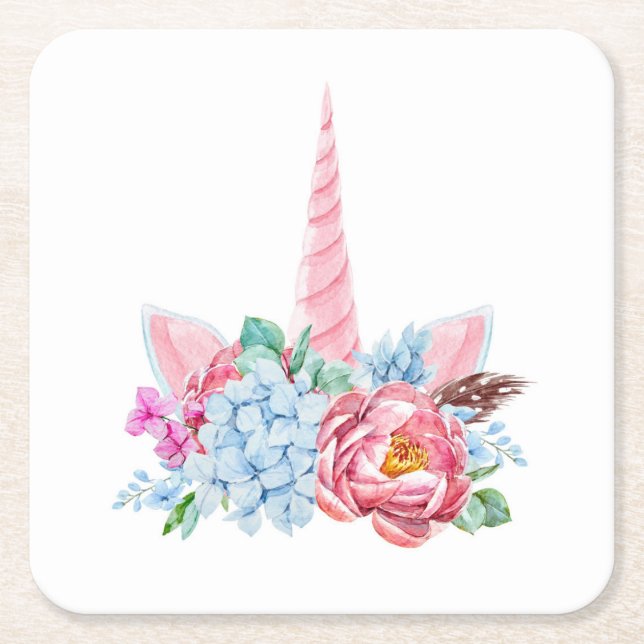 Porta-copo De Papel Quadrado Coroa Floral Unicorn (Frente)