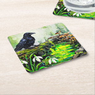 Porta-copo De Papel Quadrado Corvo Preto e Pintura a Óleo do Rio da Floresta Br