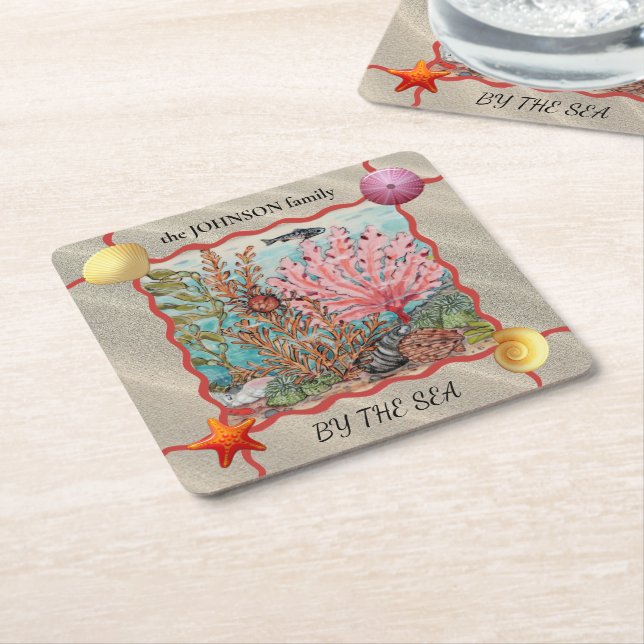 Porta-copo De Papel Quadrado Costeira Oceânica Costeira Caranguejo de Peixes Co (Inclinado)