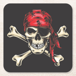 Porta-copo De Papel Quadrado Crânio de Pirata e Ossos Cruzados