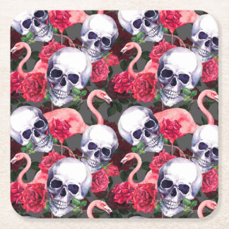 Porta-copo De Papel Quadrado Crânio floral, padrão uniforme de flamingo.