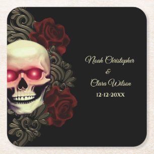 Porta-copo De Papel Quadrado Crânio gótico floral vermelho-étnico e preto, sant