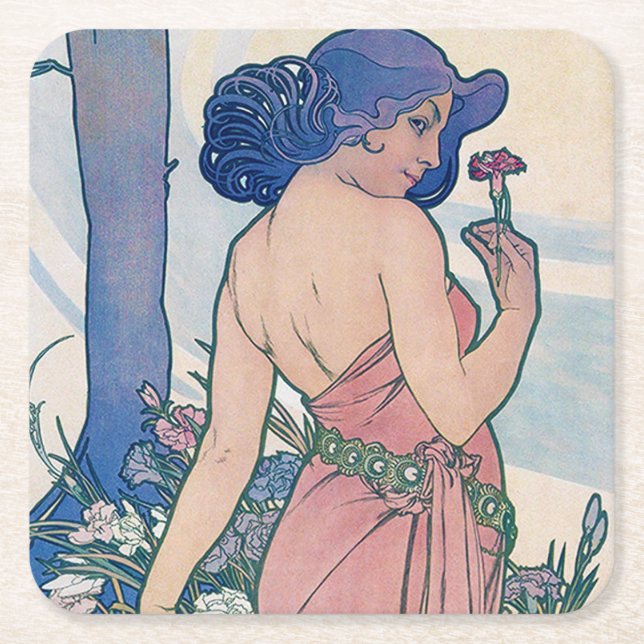 Porta-copo De Papel Quadrado Cravo (Quatro Flores), Alphonse Mucha (Frente)