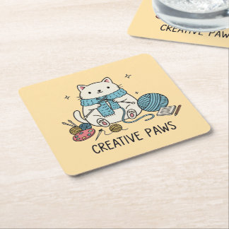 Porta-copo De Papel Quadrado Creative Paws Cat Knitting Pastel Home Party Decor