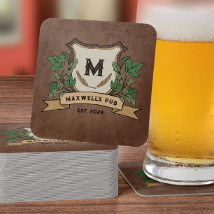 Porta-copo De Papel Quadrado Crest de Lúpulo Personalizado Seu Pub Monograma