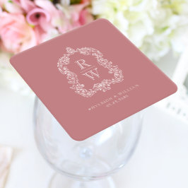 Porta-copo De Papel Quadrado Crestas de Monograma Vintage Nomes Casamento Rosa