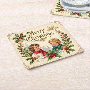 Porta-copo De Papel Quadrado Crianças vitorianas Feliz Natal vintage
